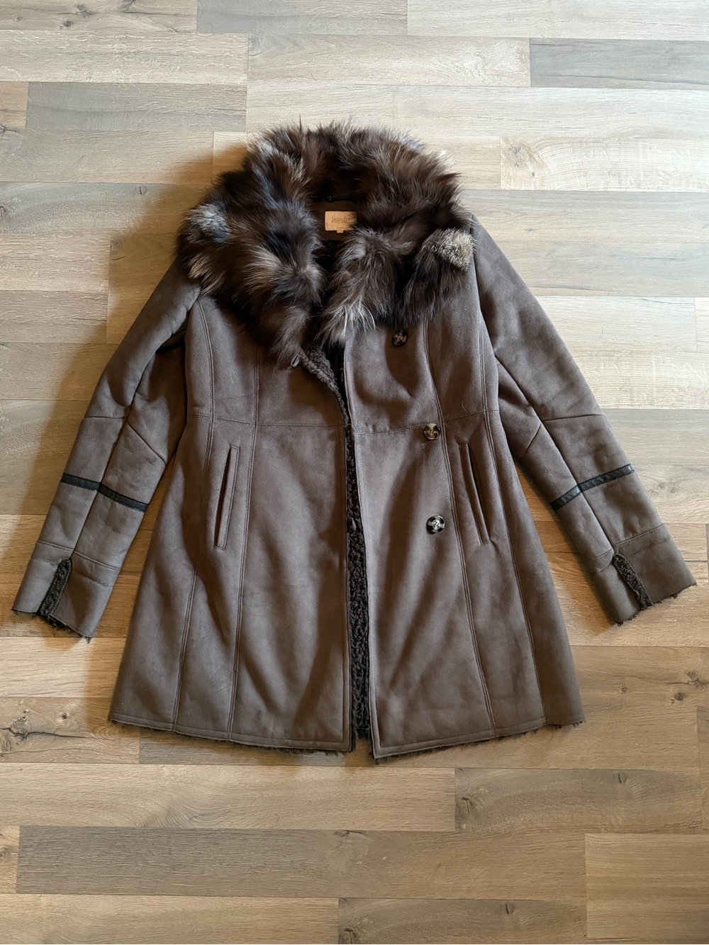 Laundry By Shelli Segal - Taupe Coat with Fox Fur Collar